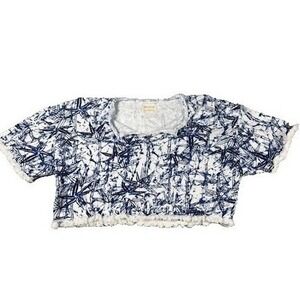 Urban Outfitters T-Shirt Womens M Blue Bamboo Print Fringe Crop Top French Terry